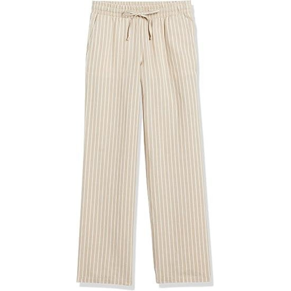 Amazon Essentials Women Beige White Striped Linen Blend Straight Leg Pants